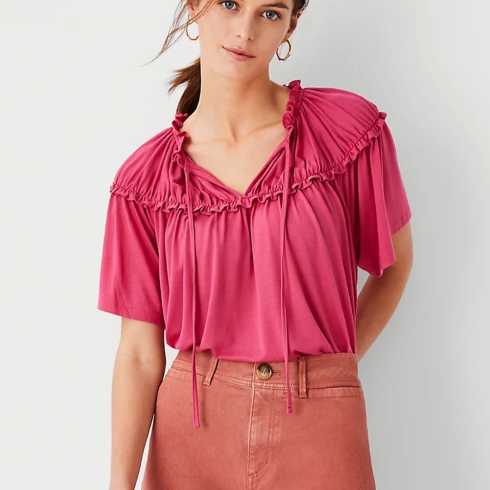 Ann Taylor Pink Ruffle Yoke Short Sleeve Blouse